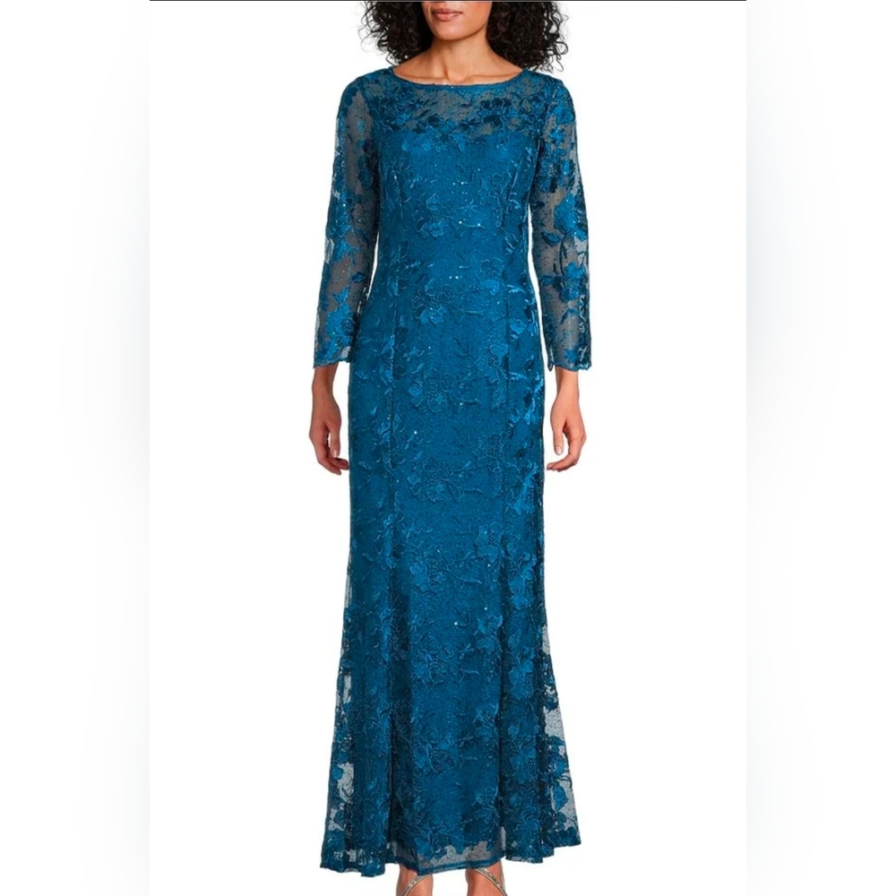 Marina Sequin Embroidered Mesh Lace Illusion Neckline Gown Size Medium NWT $259